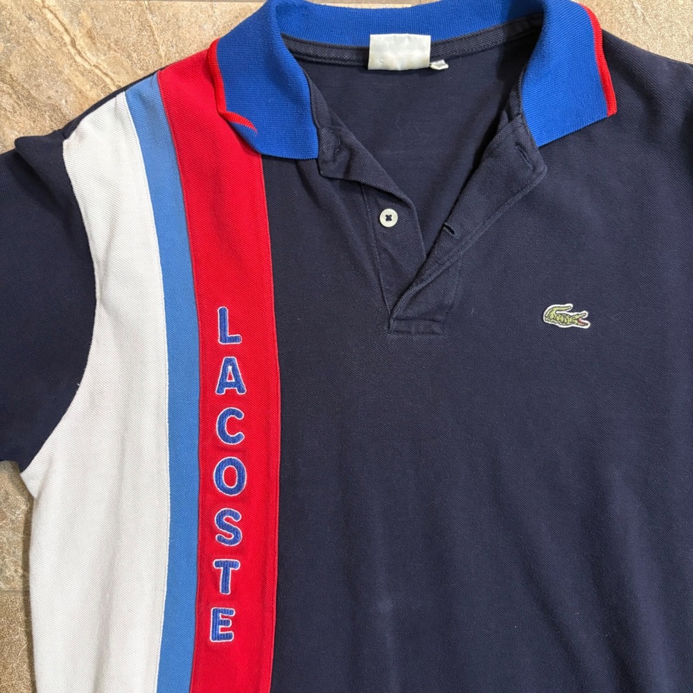 RARE Lacoste Mens Navy Blue Colorblock Vertical Polo Shirt Size 5 Large - Picture 6 of 7